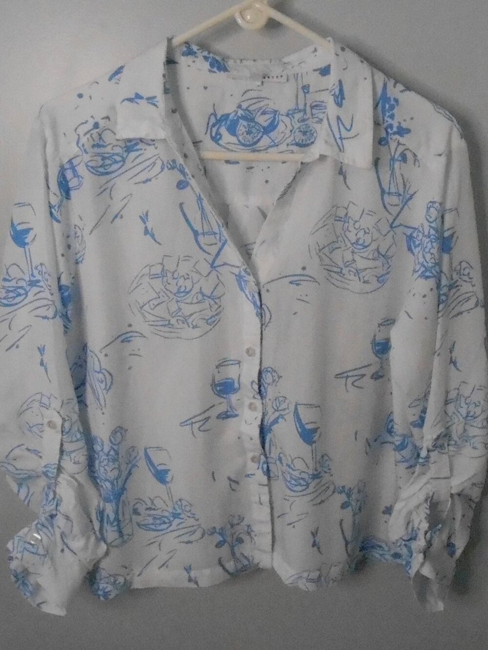 Jane Delancey Women's White W/Blue Pattern Blouse Button Up Tab Sleeves Size-XL